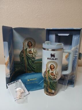 Stanley White Travel Mug with Green Saint Graphic and Handle